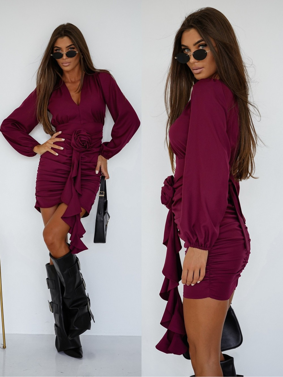 Elegancka Sukienka FLOWERS z długim rękawem bordowy