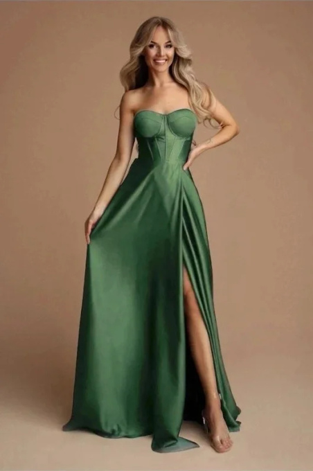 Elegancka MAXI Sukienka satynowa EMMA - oliwka