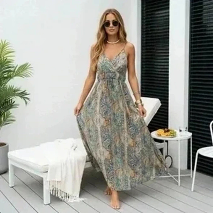Sukienka Maxi Letnia Wielokolorowa Paisley Boho na Ramiączkach