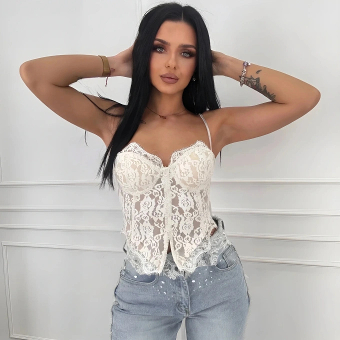 Gorset koronkowy damski kremowy elegancki na ramiączkach top bieliźniany