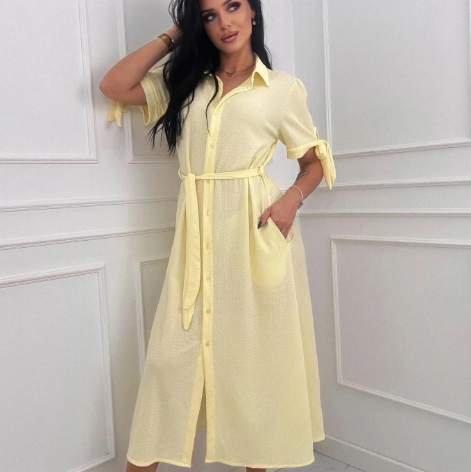 Sukienka koszulowa midi żółta letnia z paskiem damska elegancka na lato