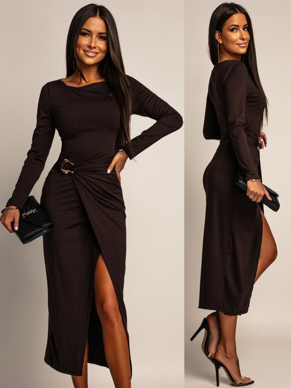 ELEGANCKA SUKIENKA MIDI ZE ZDOBIENIEM Ananya  czekoladowa