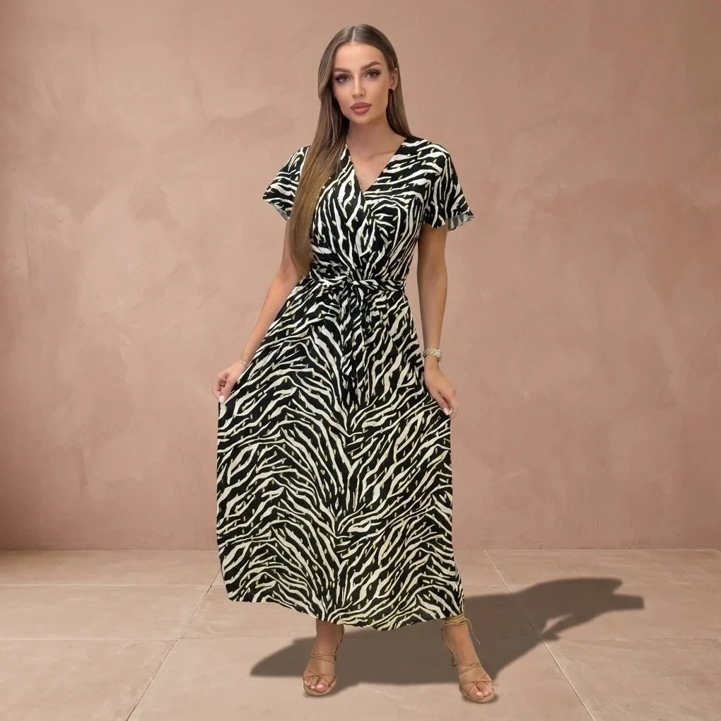 Sukienka maxi zebra czarno-biała rozkloszowana dekolt V letnia damska