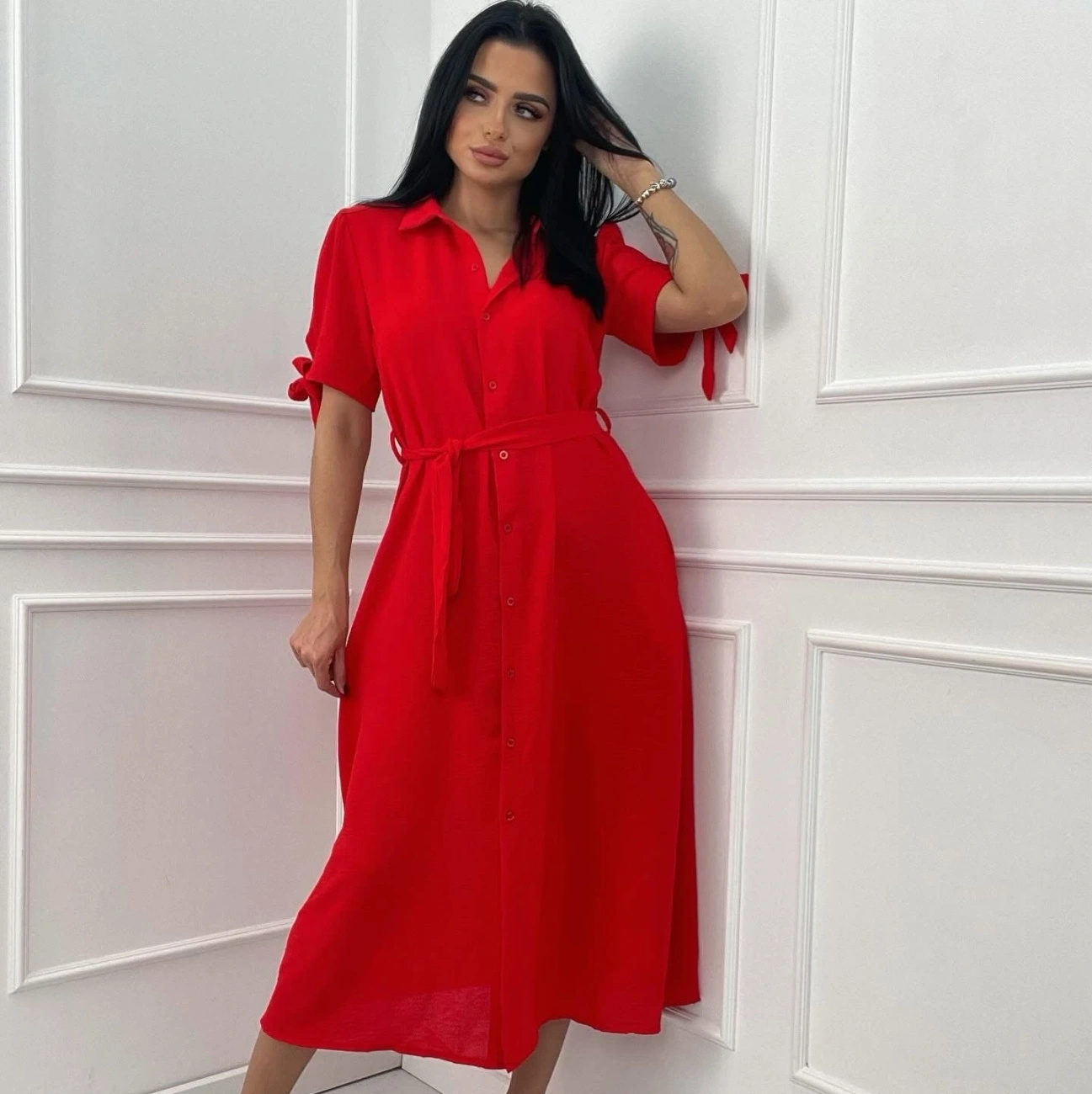 Sukienka koszulowa czerwona midi z paskiem elegancka na lato damska