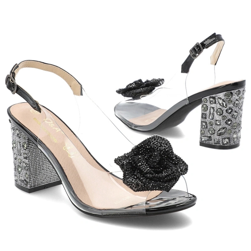 Sandały damskie na wysokim obcasie z ozdobą eleganckie ze sprzączką transparentne-czarne