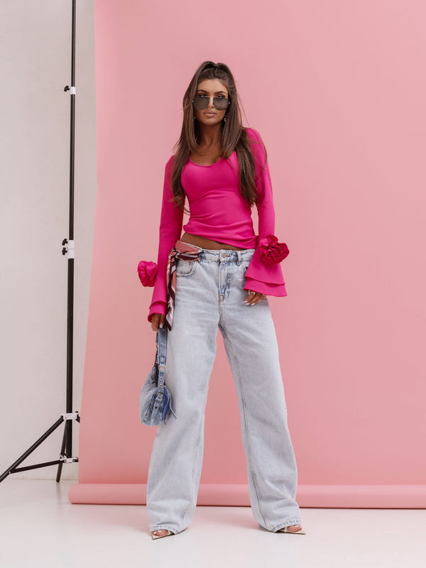 Elegancka Bluzka ROSEA z różami i długim rękawem Fuksjowa