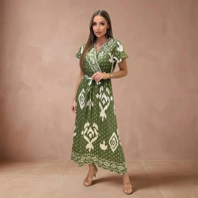 Sukienka Maxi Boho Oliwkowa Wzór Etniczny Letnia Rozkloszowana Dekolt V