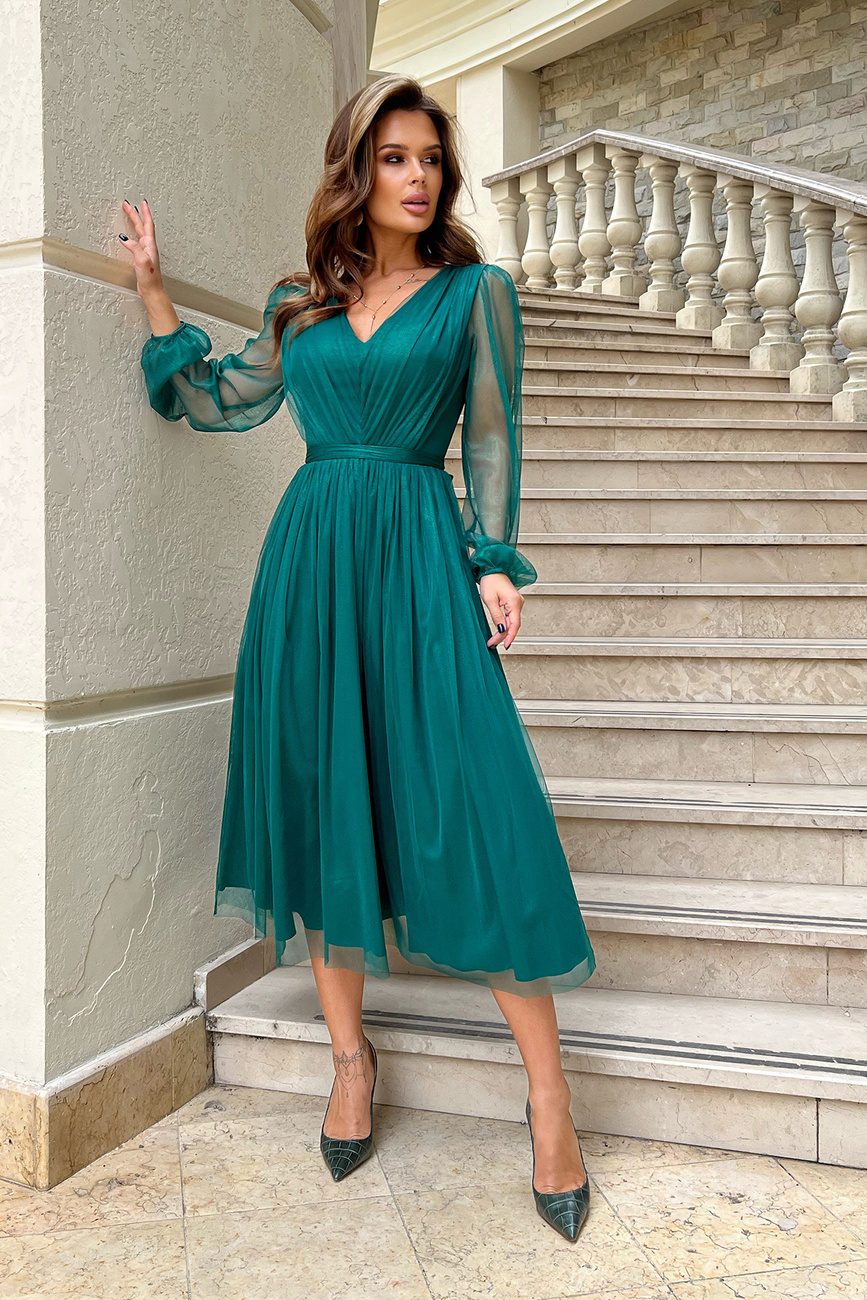 Elegancka SUKIENKA MIDI Z BROKATOWĄ SIATKĄ-butelka