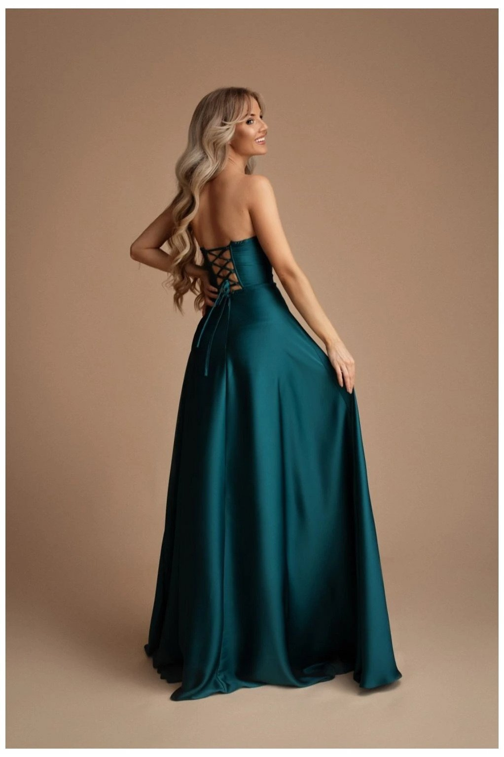 Elegancka MAXI Sukienka satynowa EMMA - petrol