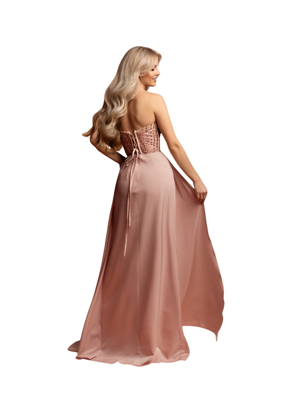 Ada elegancka długa suknia z gorsetem i satynowym dołem pudrowy róż
