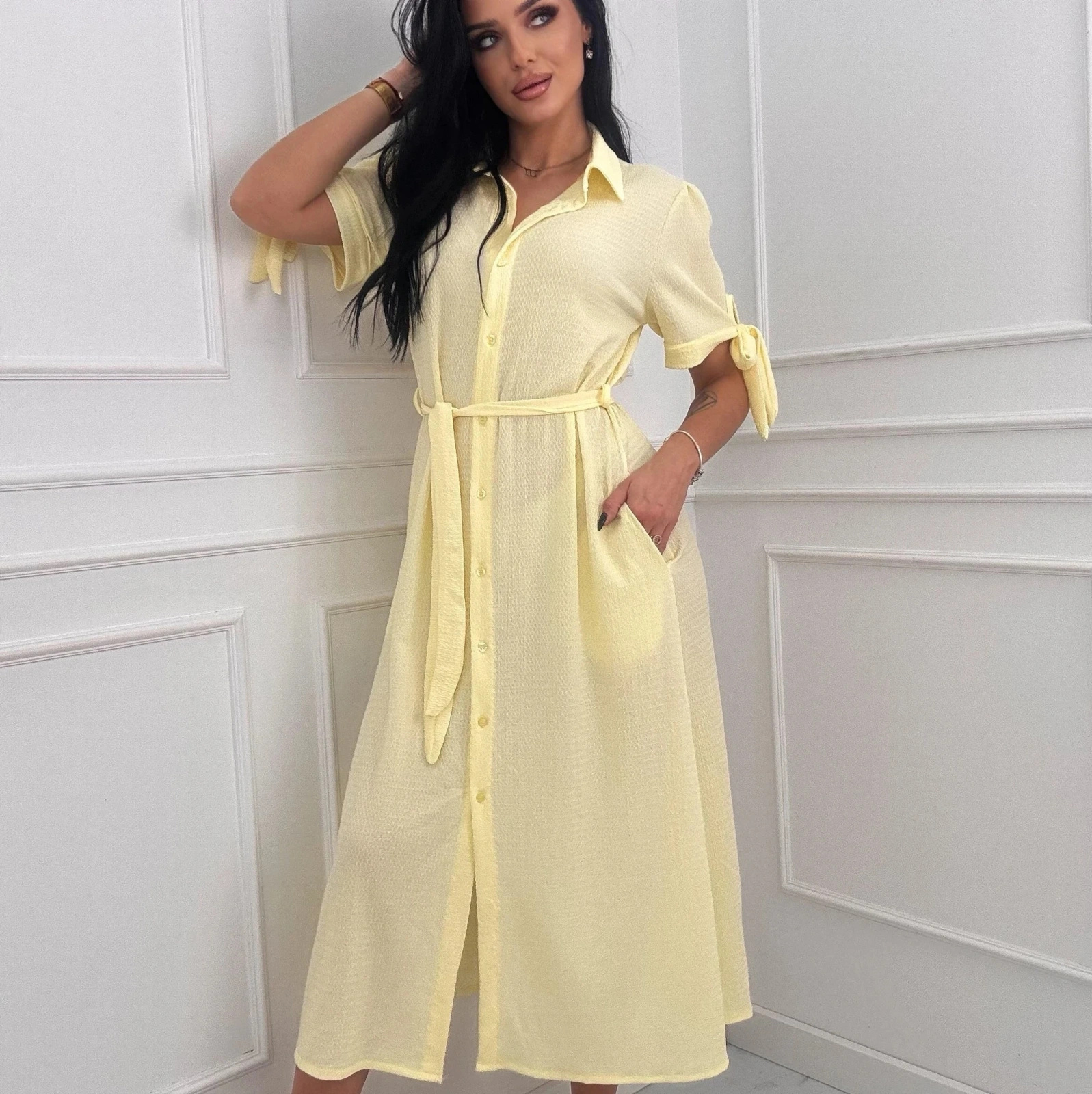 Sukienka koszulowa midi żółta letnia z paskiem damska elegancka na lato