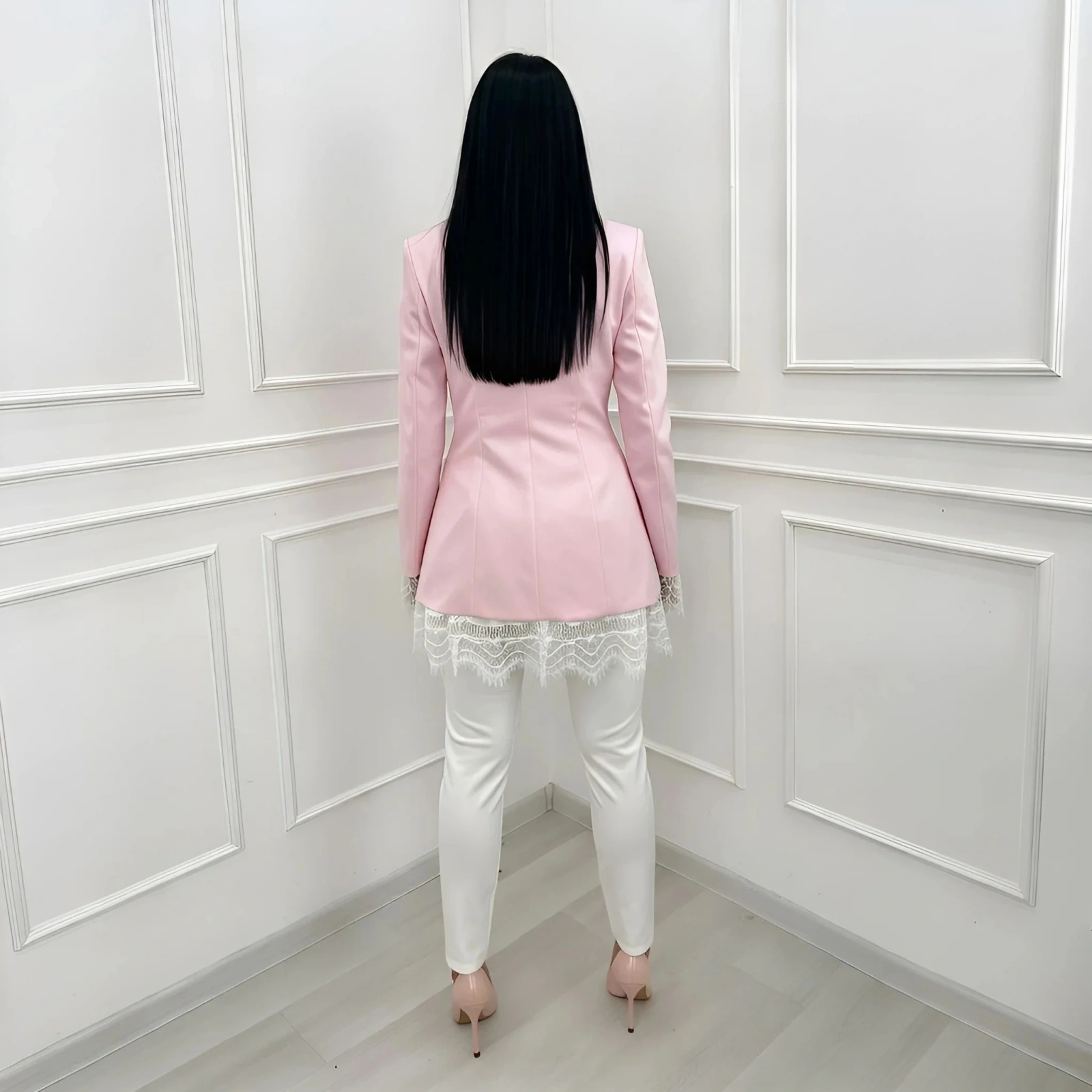 Marynarka damska różowa z koronką elegancki żakiet taliowany na guzik