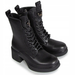 Botki damskie ze skóry naturalnej wysokie sznurowane na klocku czarne
