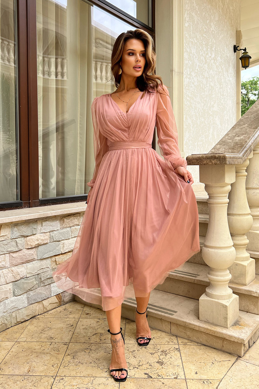 Elegancka SUKIENKA MIDI Z BROKATOWĄ SIATKĄ-nude