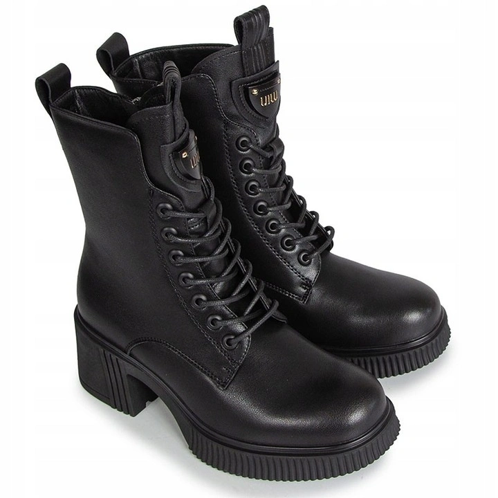 Botki damskie ze skóry naturalnej wysokie sznurowane na klocku czarne