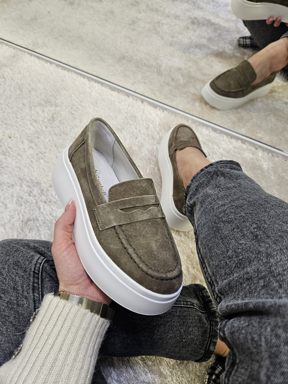 Mokasyny damskie na platformie ze skóry naturalnej khaki