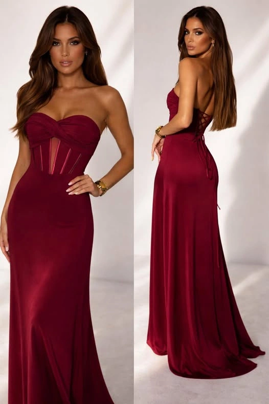 Elegancka Sukienka gorsetowa  maxi Wasabi bordowa