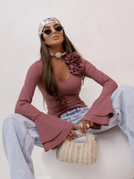 Elegancka Bluzka ROSEA z różami i długim rękawem Brudny róż