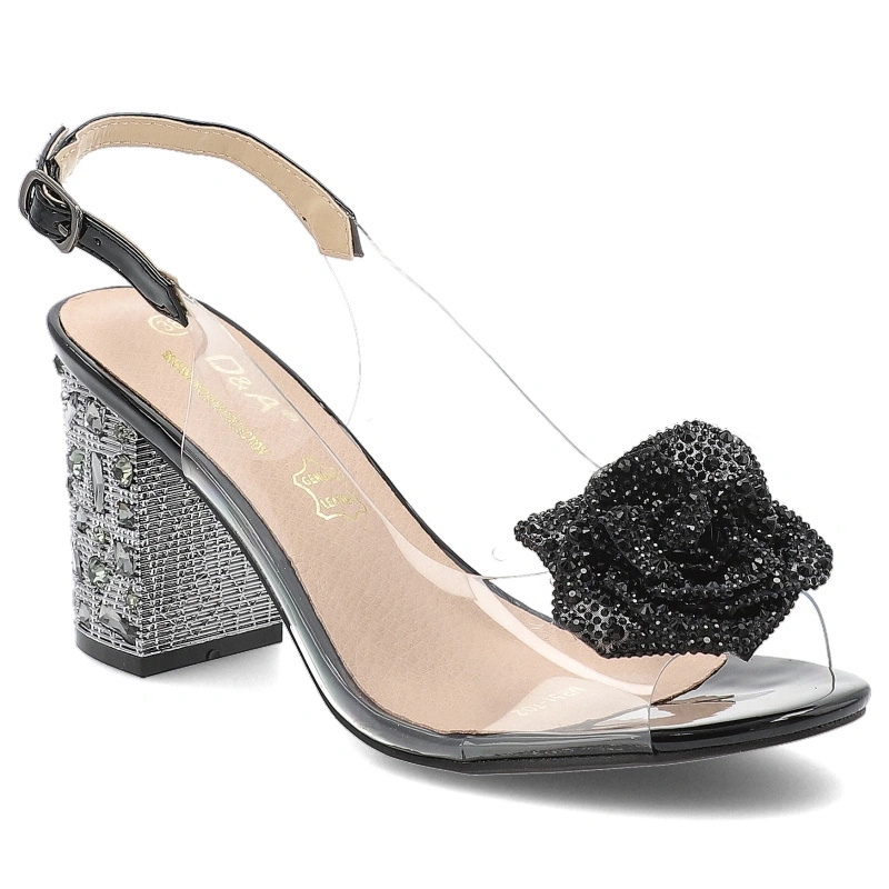 Sandały damskie na wysokim obcasie z ozdobą eleganckie ze sprzączką transparentne-czarne
