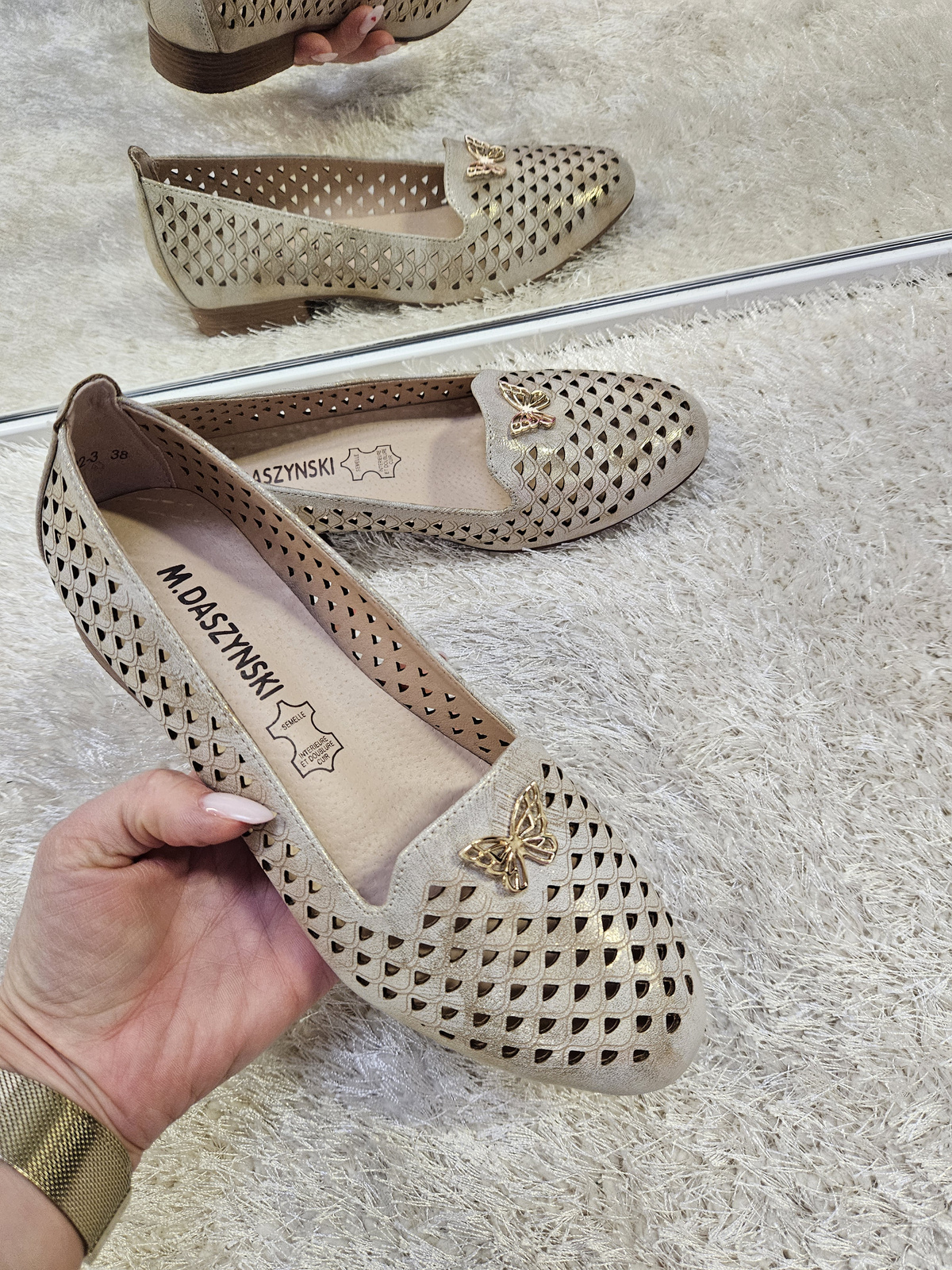 Złote damskie ażurowe baleriny  Marika 