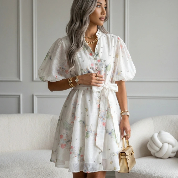 Sukienka letnia w kwiaty bawełniana z lnem bufiaste rękawy pasek SHINE