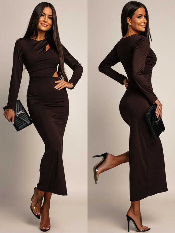 ELEGANCKA SUKIENKA MAXI Z WYCIĘCIEM ADA  czekoladowa