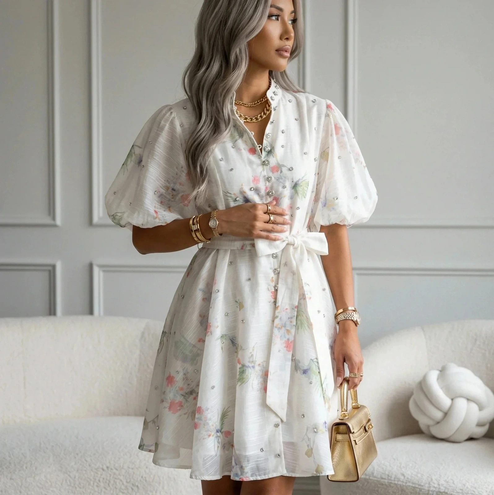 Sukienka letnia w kwiaty bawełniana z lnem bufiaste rękawy pasek SHINE