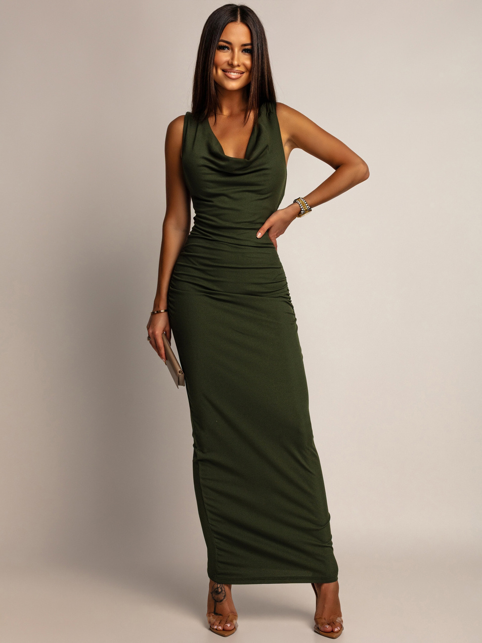 PRĄŻKOWANA SUKIENKA MAXI RENNE khaki