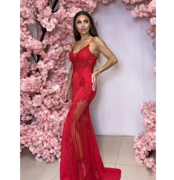 Elegancka Sukienka maxi Boda rybka- czerwony