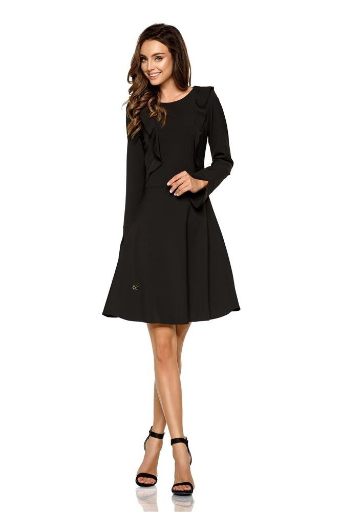 Monochromatyczna sukienka z pionowymi a'la falbanami w okolicach biustu i rozcinanymi mankietami