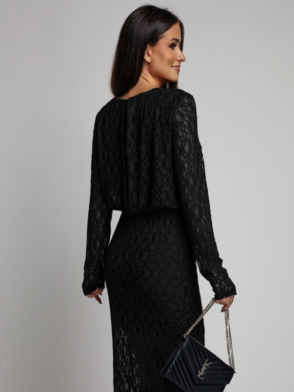 Dopasowana sukienka koronkowa z długim rękawem Makena czarna