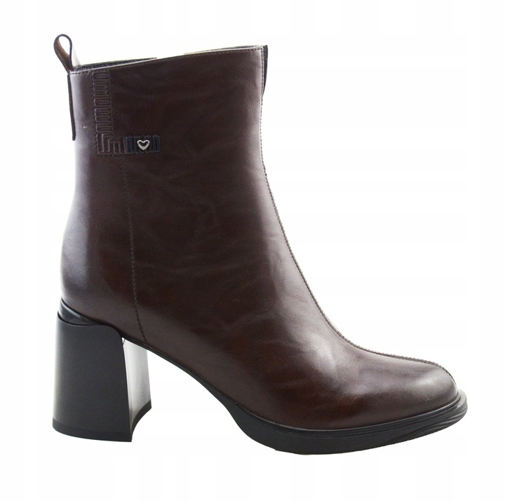 Botki damskie  skórzane na obcasie ocieplane  brązowe