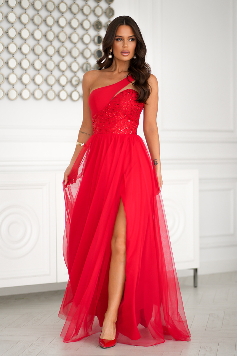 SUKIENKA WIECZOROWA MAXI  PERFECT Z CEKINAMI I ROZCIĘCIEM czerwona