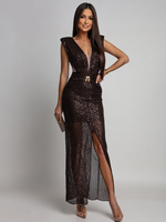 CEKINOWA SUKIENKA MAXI Z BIŻUTERYJNYM ZDOBIENIEM Zuzanna  czekoladowa