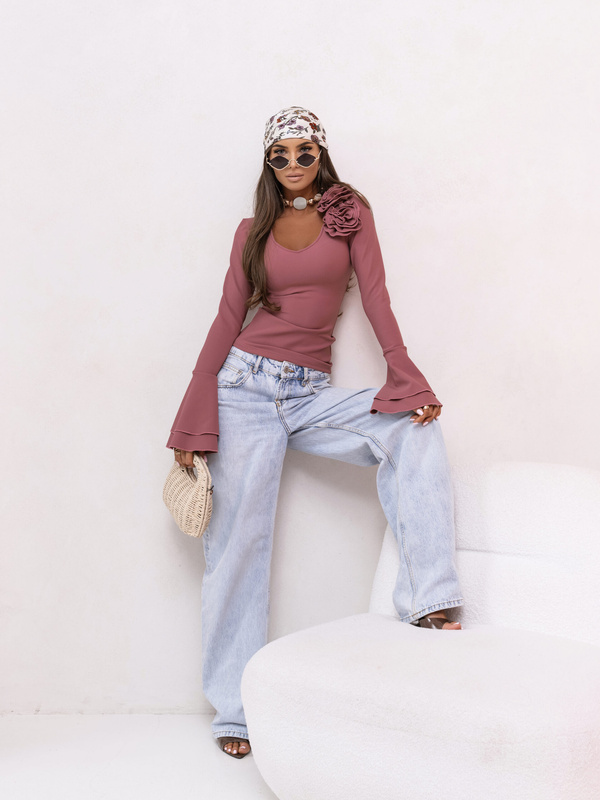 Elegancka Bluzka ROSEA z różami i długim rękawem Brudny róż