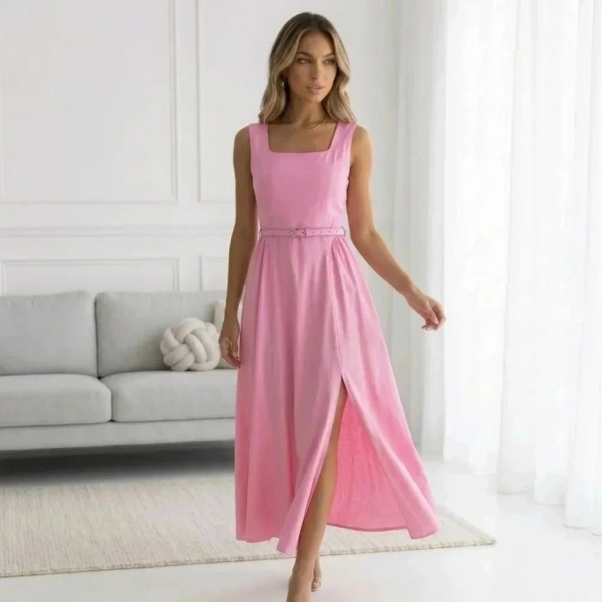 Sukienka Maxi Letnia Bawełniana z Paskiem Różowa Elegancka na Ramiączkach