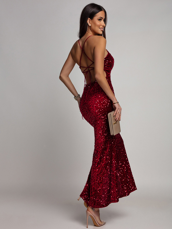 Elegancka Maxi Sukienka cekinowa Mika bordowy