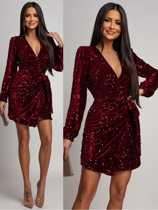 Elegancka Mini Sukienka z dugim rękawem cekinowa Beti  bordowa