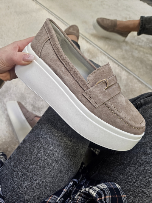 Mokasyny damskie na platformie ze skóry naturalnej beżowe