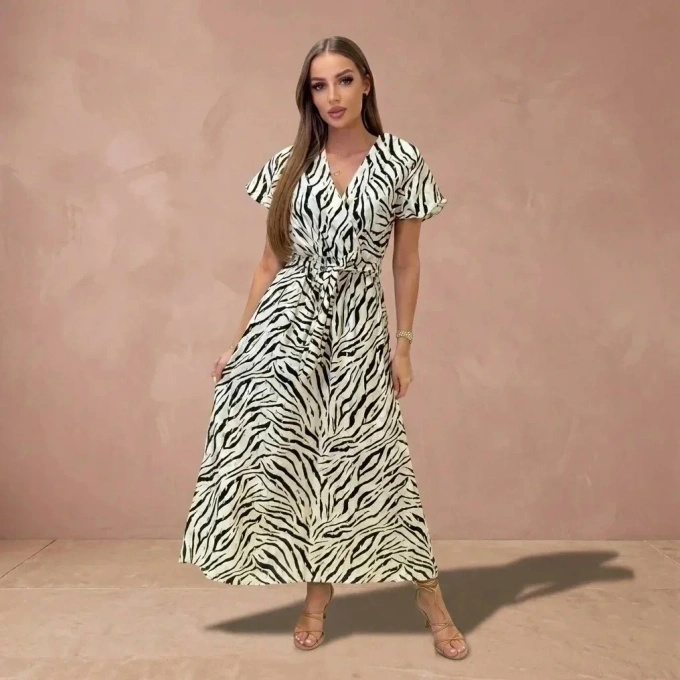 Sukienka midi zebra wzór dekolt V elegancka letnia wiązana w talii damska