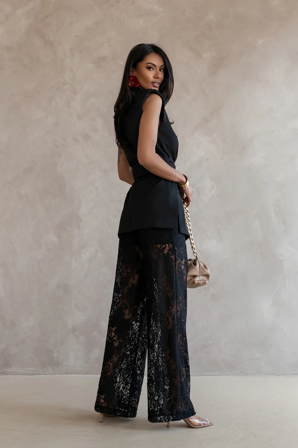 Elegancki Komplet Damski AURA  Garnitur Kamizelka Szerokie Spodnie Zestaw Wiosna Lato czarny