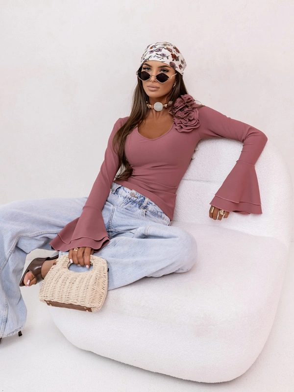 Elegancka Bluzka ROSEA z różami i długim rękawem Brudny róż