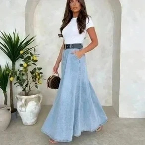 Spódnica Jeansowa Maxi Długa Rozkloszowana Denim A-line z Paskiem Damska