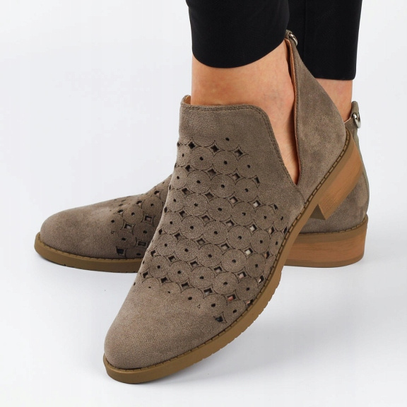 Brązowe ażurowe pólbuty botki damskie na obcasie