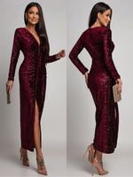 Elegancka Maxi Sukienka Cekinowa Wiola z długim rękawem bordowa