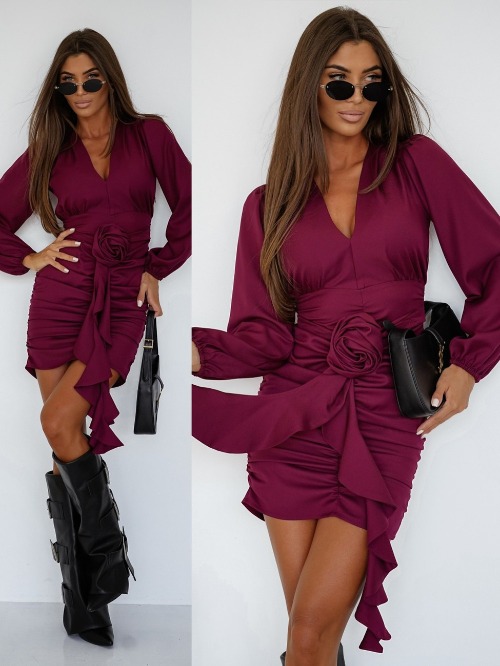 Elegancka Sukienka FLOWERS z długim rękawem bordowy