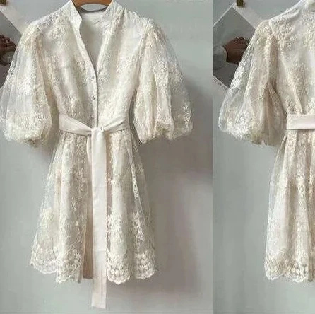 Sukienka koronkowa beżowa bufiaste rękawy wesele komunia chrzciny