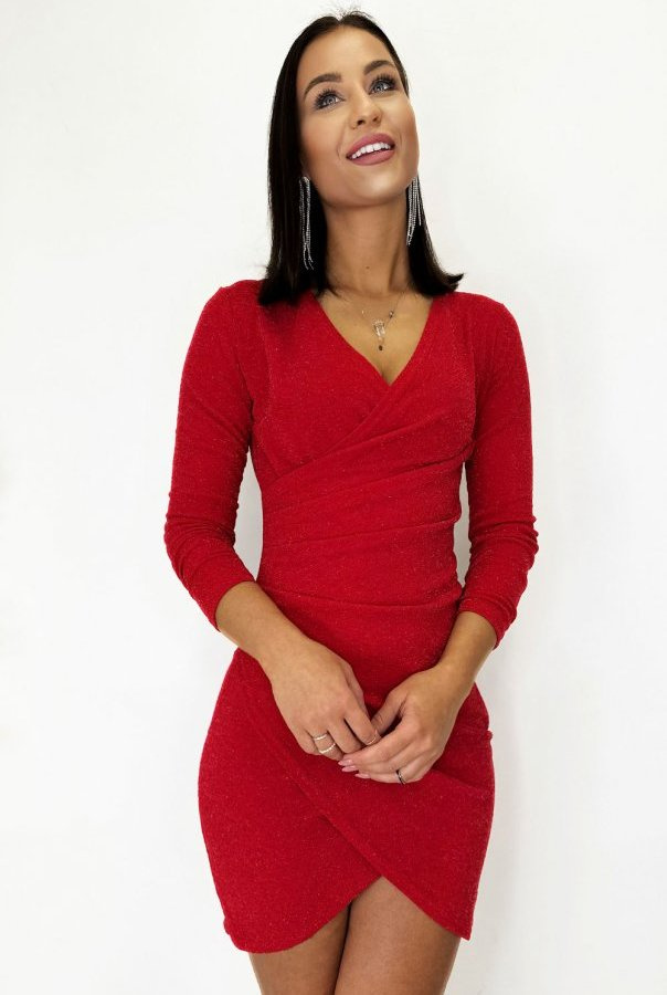 Połyskująca Czerwona  Avana Z Marszczeniem Krótka Elegancka Sukienka Długim Rękawem
