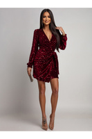 Elegancka Mini Sukienka z dugim rękawem cekinowa Beti  bordowa