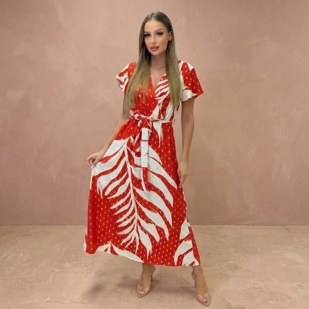 Sukienka letnia midi czerwona z nadrukiem tropikalnym palmowy wzór zwiewna na lato